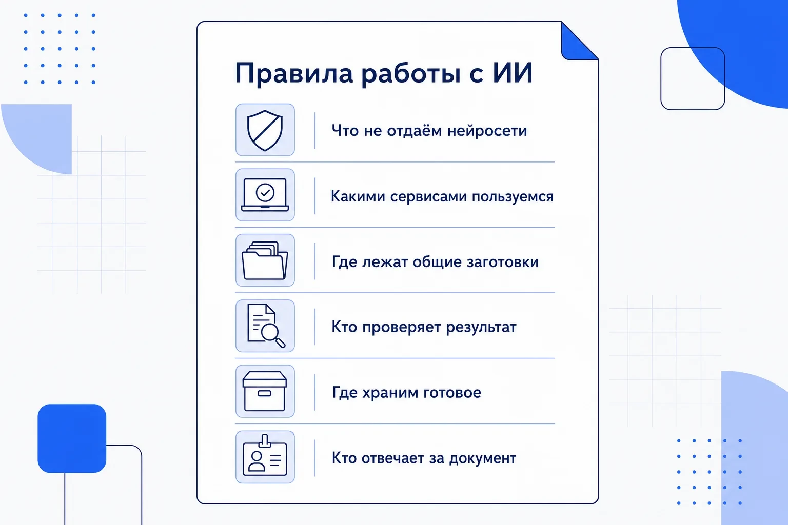 Правила работы с ИИ на одну страницу: что не отдаём, чем пользуемся, общие заготовки, кто проверяет, где храним результат, кто отвечает