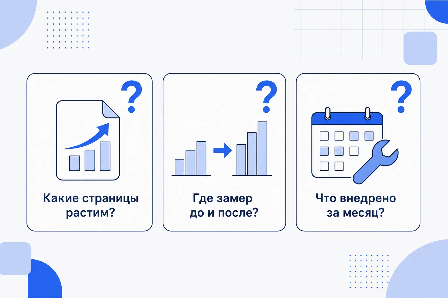 Три вопроса SEO-подрядчику: какие страницы растим, где замер до и после, что внедрено за месяц
